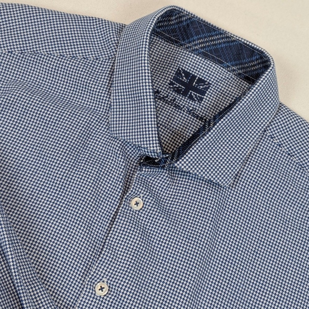 Michelsons of London Mens XL Blue Micro Houndstooth Cotton Button Down Shirt